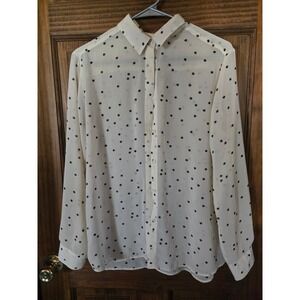 Uniqlo Womens Star Print Button Down Blouse White Black Long Sleeve Size L